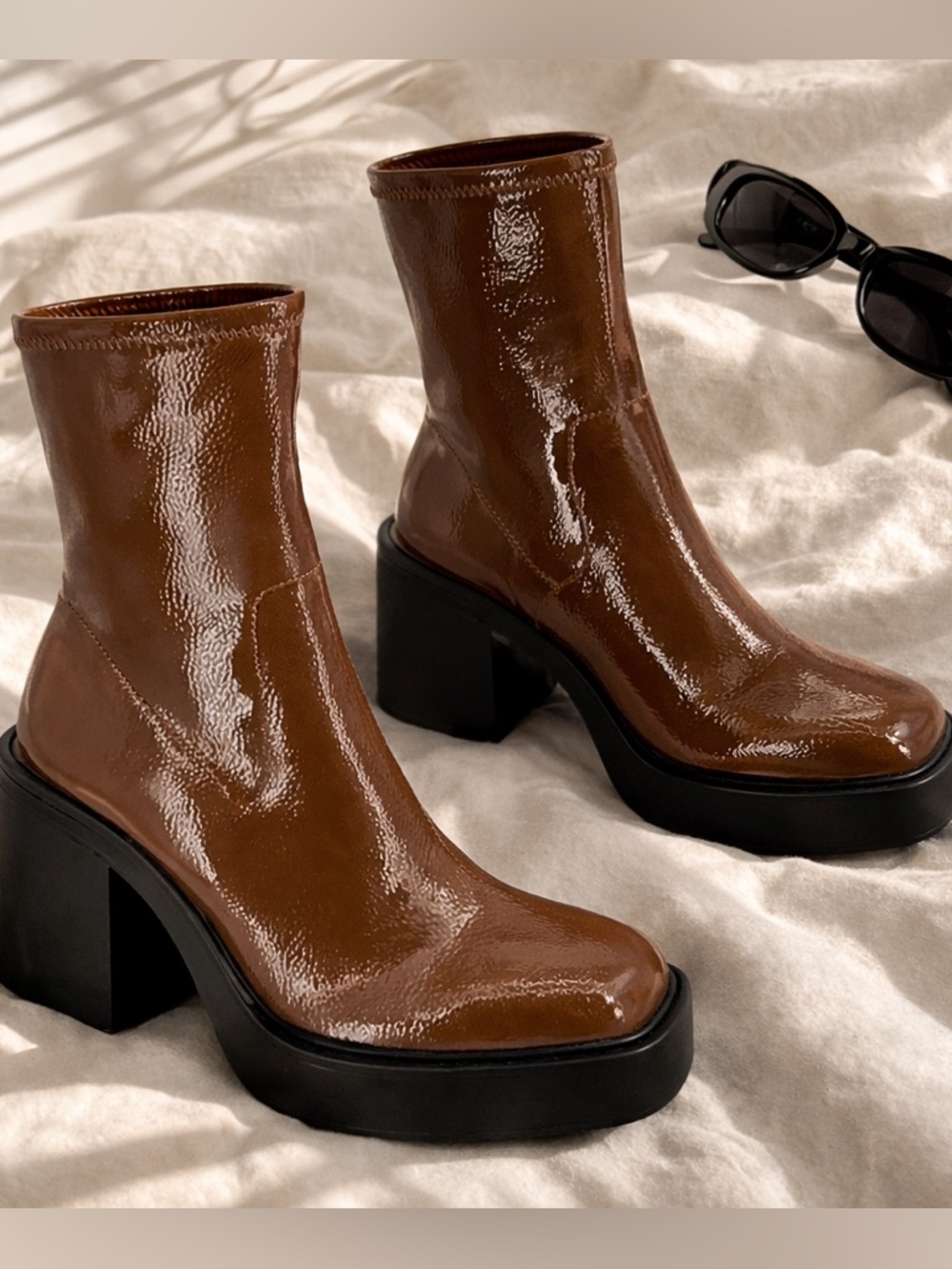 Platform Ankle Boots Glossy Chunky Heel Chocolate Brown Size 7 NWT